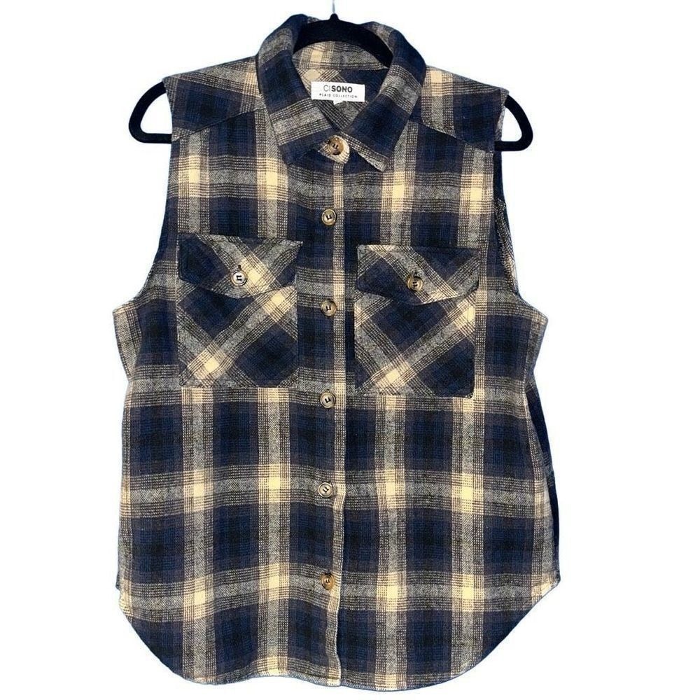 Ci Sono Navy Blue Plaid Sleeveless Flannel Button‎ Down Vest Medium SHKTV100